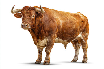 A powerful, muscular brown bull with large horns stands confidently, isolated on a bright white background, captured with realistic detail.
