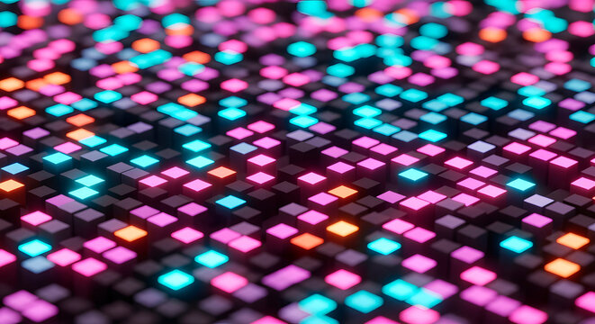 Abstract digital pattern of glowing neon squares in pink and cyan, creating a futuristic and technological background with a shallow depth of field