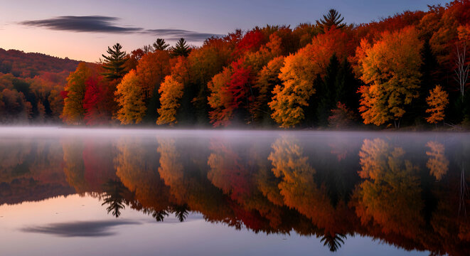 Vibrant autumn forest with colorful foliage reflected in a misty lake at sunrise, creating a serene and picturesque landscape - Powered by Adobe