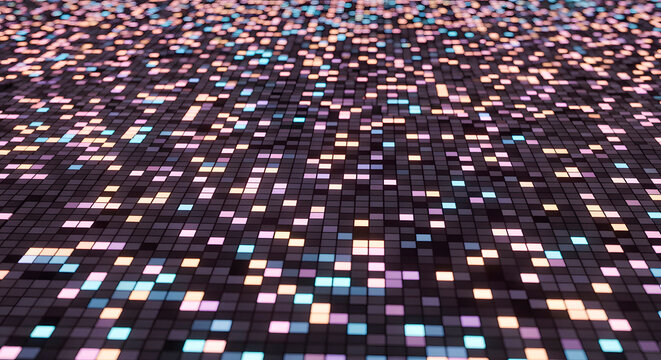 Abstract background of glowing colorful squares in a grid pattern, representing digital data or technology, with a shallow depth of field