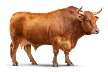A powerful, muscular brown bull with large horns stands confidently, isolated on a bright white background, captured with realistic detail.