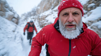 An intense portrait of a hiker in a red jacket, climbing through a snowy pathway, reflecting determination and the challenges faced in the harsh beauty of winter landscapes.