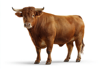 A powerful, muscular brown bull with large horns stands confidently, isolated on a bright white background, captured with realistic detail.