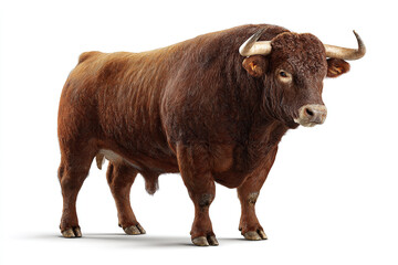 A powerful, muscular brown bull with large horns stands confidently, isolated on a bright white background, captured with realistic detail.