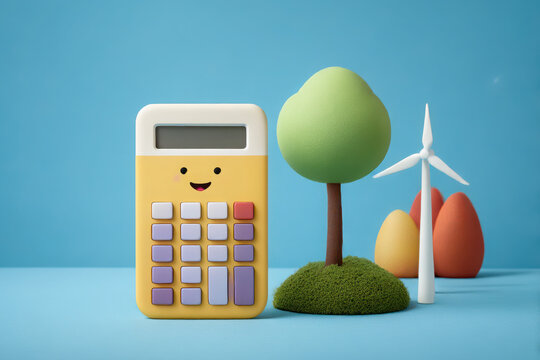 Eco-friendly calculator displaying green initiatives and renewable energy in a playful environment