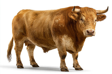 A powerful, muscular brown bull with large horns stands confidently, isolated on a bright white background, captured with realistic detail.