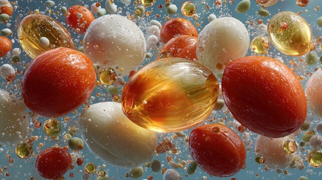 Close-up shows medicine capsule, red blood cells, and white blood cells floating within a microscopic environment, illustrating medical science and healthcare concepts