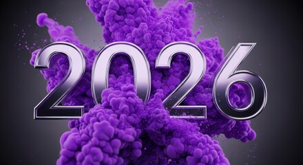 2026 metallic numbers are displayed with a burst of vibrant purple smoke against a dark background representing the upcoming year celebrations and futuristic concepts with a modern abstract design su