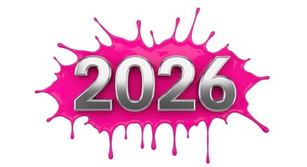 2026 silver numbers sit atop a bright pink paint splash against a white background creating a modern graphic element perfect for new year celebrations or design projects needing a vibrant and eye-cat