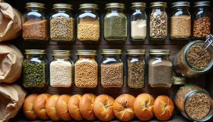 Glass jars filled with diverse pantry like grains legumes, spices are neatly arranged. Freshly baked bagels sit below, ready for enjoyment. Sustainable kitchen storage is vital for food preservation.