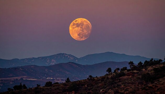 Golden Moon Rising Above Dark Mountain Ridge During Twilight With Warm Ambient Light