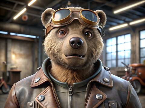 Anthropomorphic bear wearing aviator goggles and leather jacket in a workshop