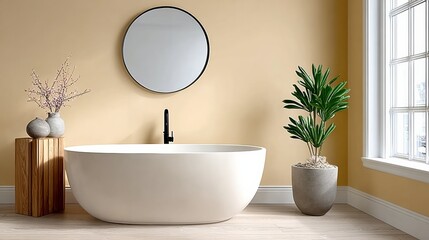 Large white bathtub sits in a bathroom with a mirror above it