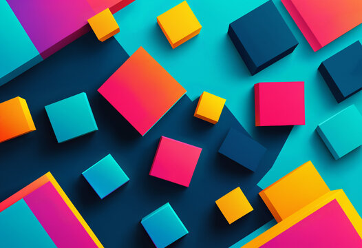 vibrant 3d abstract background with colorful geometric cubes and squares on a blue surface.