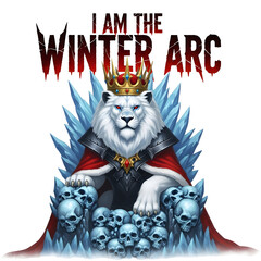 Obraz premium A majestic white lion king with glowing red eyes sits powerfully on an icy throne adorned with skulls and ice crystals, wearing a royal golden crown and dark armor with a red cape, isolated on transpa