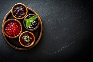 Artisanal jams showcasing local produce on display at a bustling farmers market - celebrating local craft and flavors black background