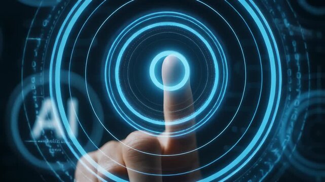 Abstract AI concept with a hand reaching to glowing AI orbs digital hud futuristic interface data visualization and technology theme emphasizing artificial intelligence and - Powered by Adobe