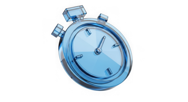 A blue glass stopwatch isolated on transparent background, representing time, speed, and measurement