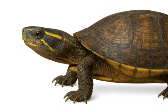 Turtle walking, displaying brown shell and yellow stripes, isolated on a transparent background
