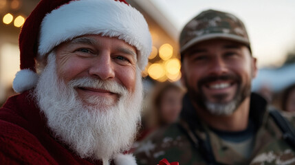 An inviting image of Santa Claus alongside a smiling soldier in a festive gathering, radiating warmth, joy, and a true sense of camaraderie within the holiday atmosphere.