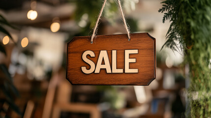 Attractive wooden sale sign hanging in trendy boutique for retail promotion