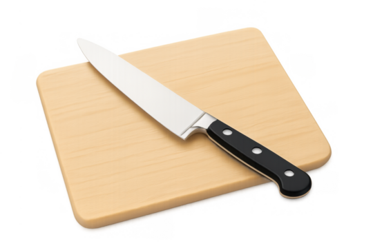 Chef knife resting on a wooden cutting board, essential kitchen tool for cooking and food preparation, transparent background