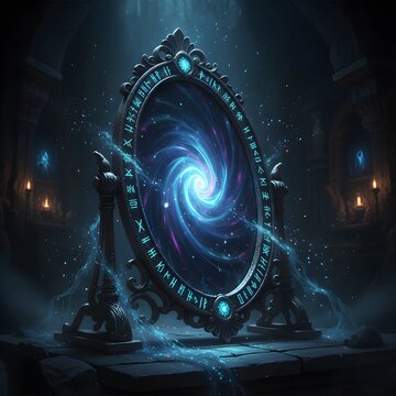 Magical Portal Mirror with Cosmic Vortex and Glowing Runes