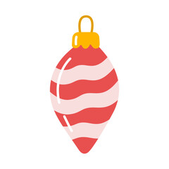 Hanging Christmas ornament, red and pink striped teardrop or icicle, featuring golden cap and loop. Colorful flat vector illustration. For holiday greeting cards, festive decals, celebration themes.