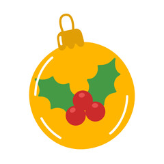 Yellow bauble, Christmas ornament with holly leaves and red berries, featuring golden cap and loop. Colorful flat vector illustration. For holiday greeting card, winter decor, festive decals, stickers