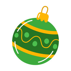 Green bauble, Christmas ornament with yellow stripes and dots, featuring golden cap and loop. Colorful flat vector illustration. For holiday greeting cards, winter decor, festive decals, stickers