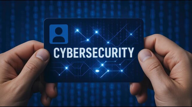 Digital card with cybersecurity concept shows network lines and nodes in a blue digital environment representing security data protection and information safety