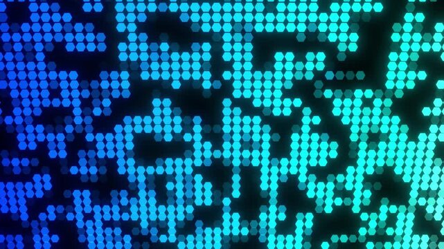 Abstract pattern of blue and teal dots fading into a dark background, creating a pixelated or digital effect.
