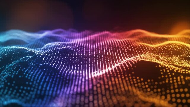 Colorful digital wave abstract data points forming a flowing spectrum across blue to red resembling a modern data pulse or energy field