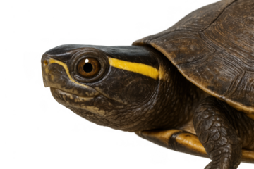 Ornate box turtle showing patterned shell and striking yellow line on its face, transparent background