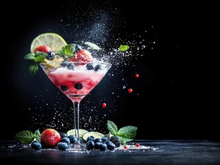 A vibrant berry cocktail in a martini glass is garnished with fresh strawberries, blueberries, lime slices, and mint leaves, with a sprinkle of sugar creating a