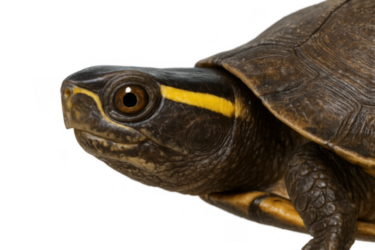 Ornate box turtle showing patterned shell and striking yellow line on its face, transparent background