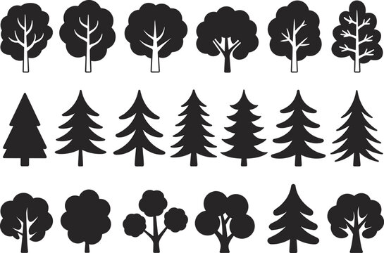 Black and white tree silhouette vector set with diverse shapes for nature, environment, design, and educational themes