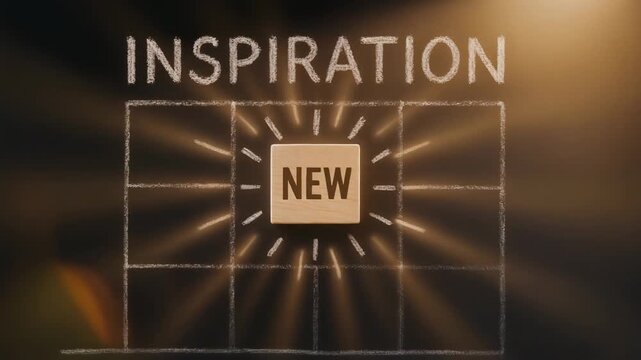 Inspiration grid on chalkboard with a hand pressing a tile labeled NEW amid light rays and a bold header suggesting fresh ideas and creativity