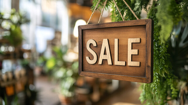 Promotional sale sign hanging in store among plants inviting customers in