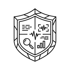 Cyber security shield with data analysis and magnifying glass icon