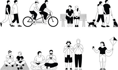 Black and white vector set of people enjoying outdoor leisure, social interaction, and mobile-connected lifestyle scenes in park settings