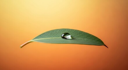 Water droplet sits perfectly balanced on a single green leaf against a soft orange backdrop showcasing the beauty of nature and the delicate balance of life in a macro shot.