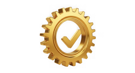 Golden gear with a checkmark inside, isolated on transparent background