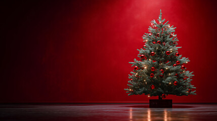 Decorated Christmas tree with red background and red ornaments and holiday season lights