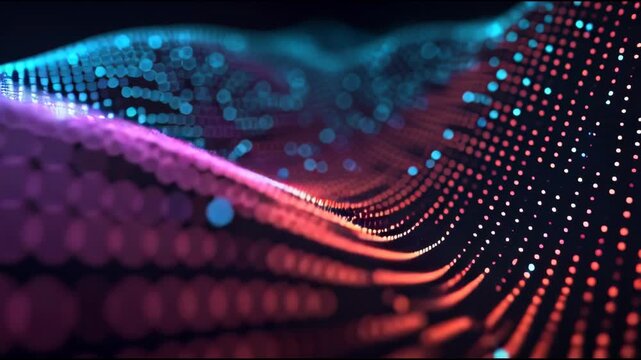Vivid abstract wave formed by a dotted mesh in neon blue pink and purple hues creating a digital landscape flowing data points and gradient texture