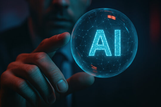 Bright blue glowing AI concept in hand held orb futuristic digital sphere conveys artificial intelligence cyberpunk mood close up with network lines glowing center tech theme