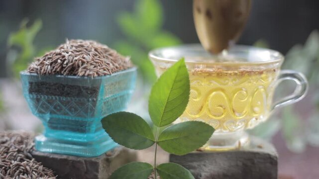 Black cumin seeds,shah jerra,Nigella sativa  and its extracted water in a transparent glass on brown wooden surface.