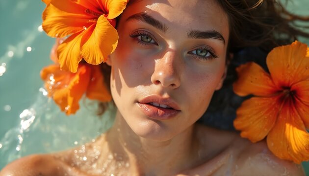 Attractive woman floats in clear turquoise water adorned with vibrant orange hibiscus blossoms. Sunlight illuminates radiant skin, captivating green eyes creating serene summer scene. Delicate flower