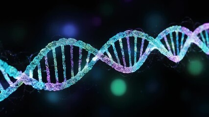 Vibrant digital DNA strand twists through dark space showcasing colorful helix pattern and abstract scientific energy - Powered by Adobe