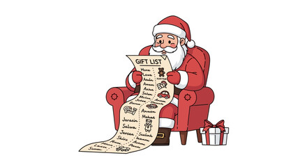 Obraz premium Santa claus sitting in a chair reading a long gift list with a present next to the chair